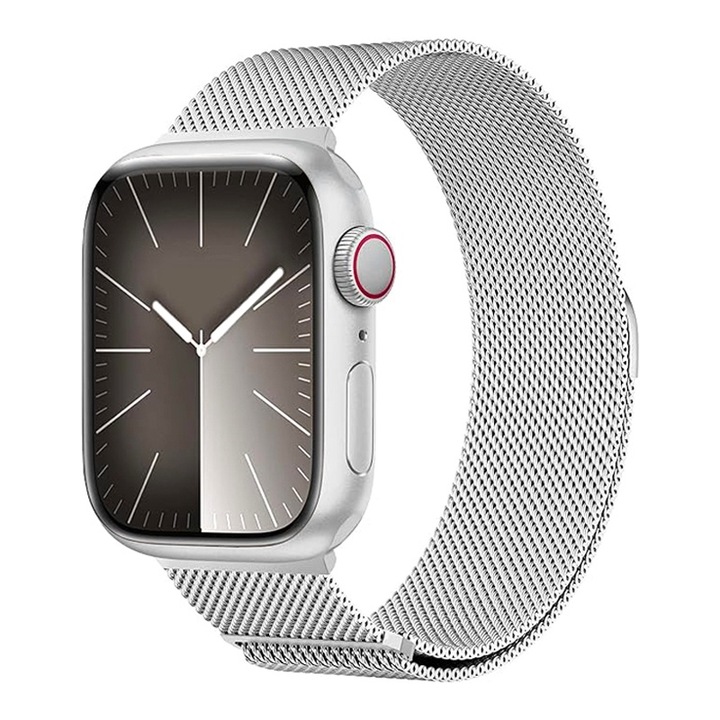 Curea Milanese Metalica pentru Apple Watch Ultra, 10, 9, 8, 7, 6, 5, 4, SE, SE2, Display 44/45/46/49mm, Respirabila, Magnetica, Otel Inoxidabil, Argintiu