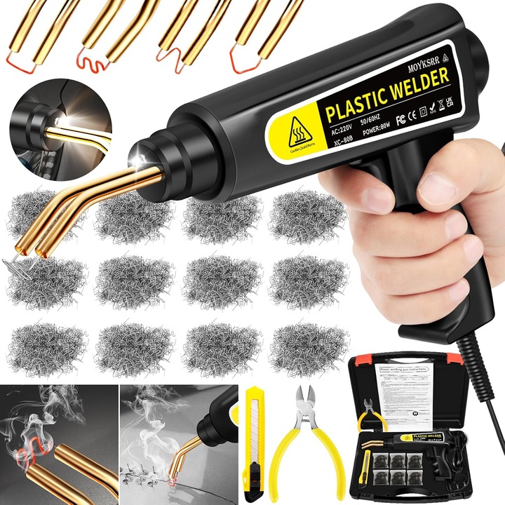 Set Pistol si Capse pentru Lipit Plastic, MOROVAN, Trusa Aparat sudat plastic cu 200 capse si cutie de transport, 6 tipuri de capse, putere 70W, Negru