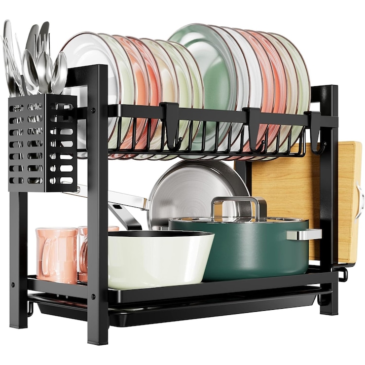 Scurgator vase Wacorresi, 2 niveluri, cu suport pentru ustensile si tava de scurgere, 43.5x24.5x34.5cm, negru