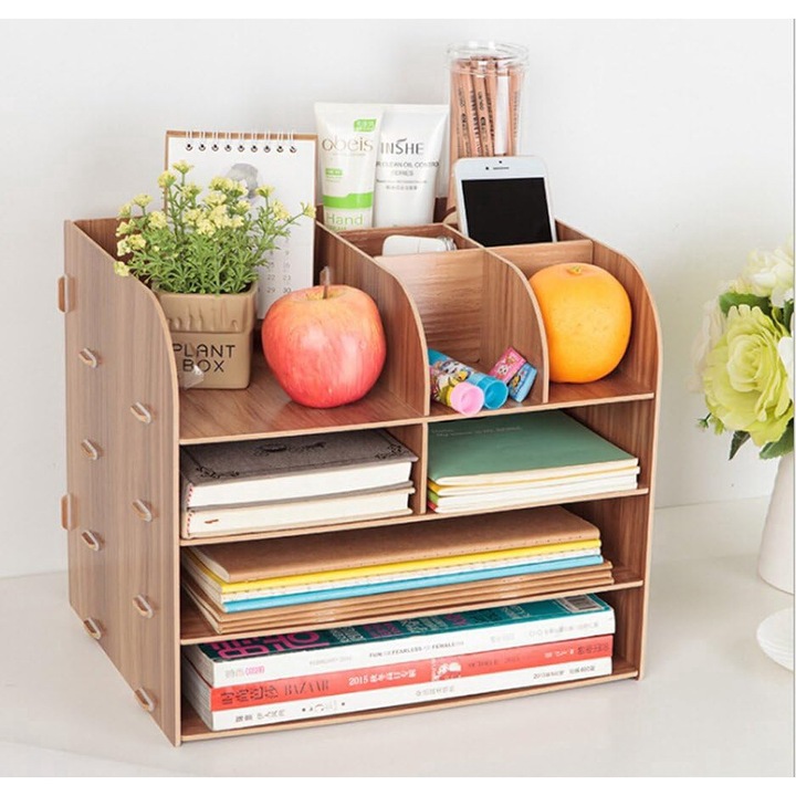 Organizator de birou Wacorresi, Suport birou multifunctional cu 10 compartimente, dimensiuni 32x25x27.5cm, din lemn, pentru birou si acasa, dimensiuni 32 x 25 x 27 cm