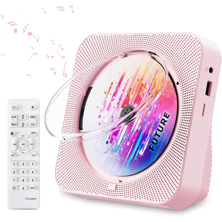 RorAem hordozható CD-lejátszó, Bluetooth 5.1, LED kijelző, sztereó hangszórók, távirányító, rózsaszín
