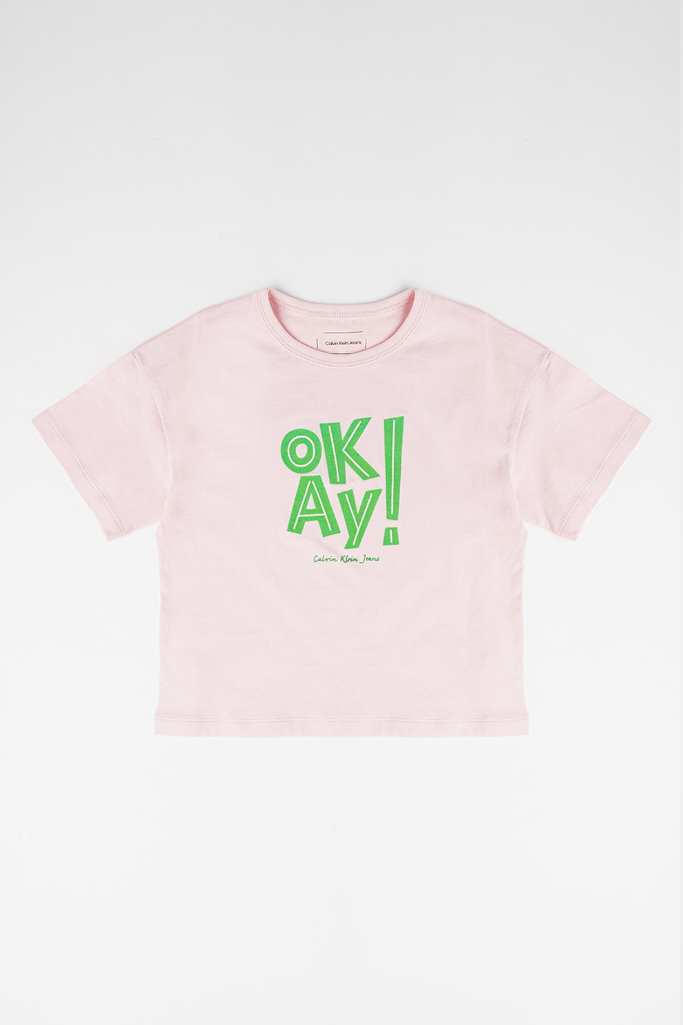 CALVIN KLEIN, Tricou cu text, Verde, Roz pastel, 164 CM
