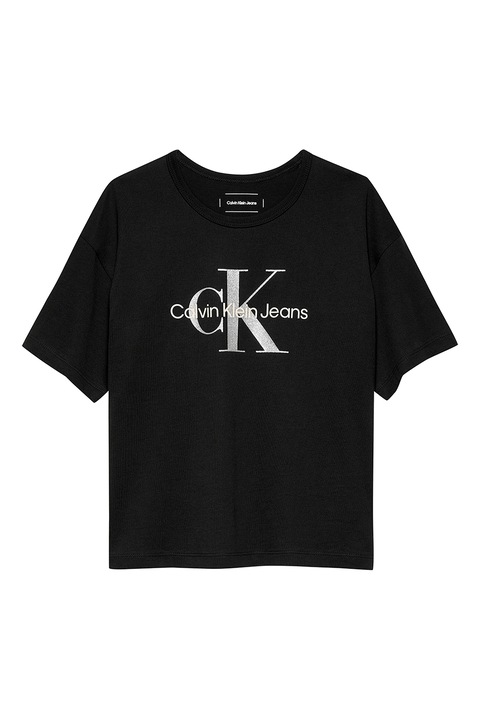CALVIN KLEIN, Logómintás pamutpóló, Fekete/Ezüstszín, 128 CM