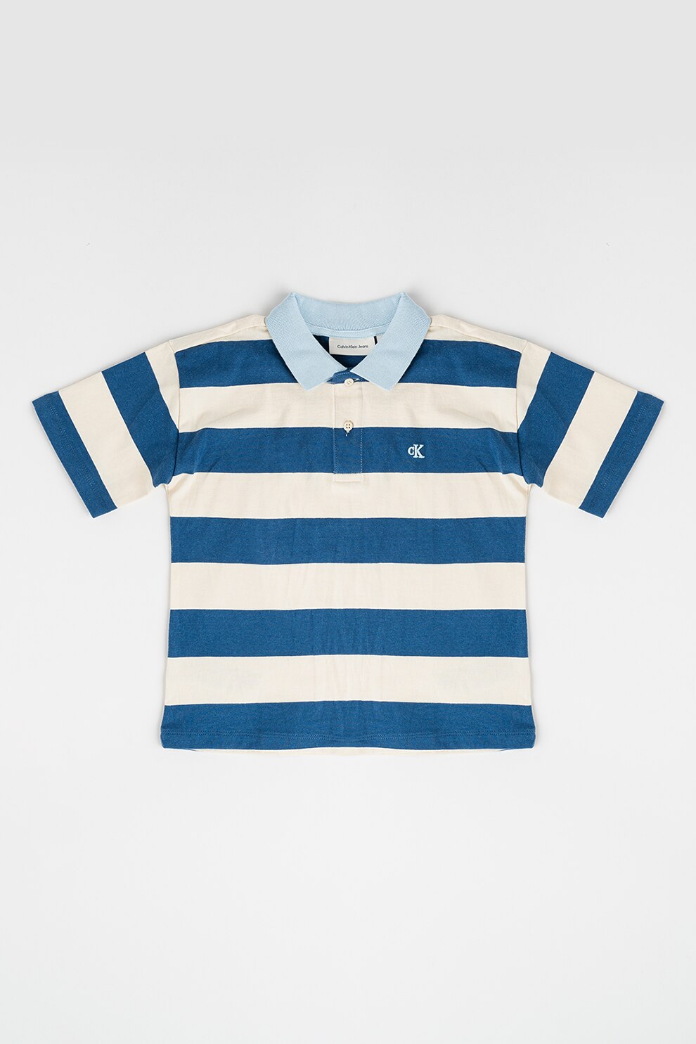 CALVIN KLEIN, Tricou polo in dungi, Alb fildes, Albastru royal, 170 CM