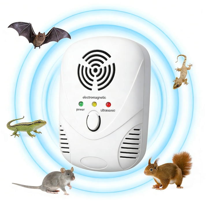 Aparat Electronic Cu Ultrasunete, SINBINTA, Aparat Profesional Pest Repeller, 2 moduri de operare, Actiune 360⁰ si acoperire 100m, Pentru anti rozatoare, sobolani, gandaci si alte insecte, ABS, 6.3x9.6x6cm, Alb/Negru