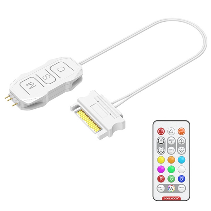 Разделител за вентилаторен хъб, SINBINTA, 3-пинов 5V ARGB контролер, с дистанционно управление, максимум 5-6 вентилатора, директен вход за SATA захранващ кабел, за PC Rainbow LED лента, ABS, кабел 490 мм, 46x22x9.5 мм, бял