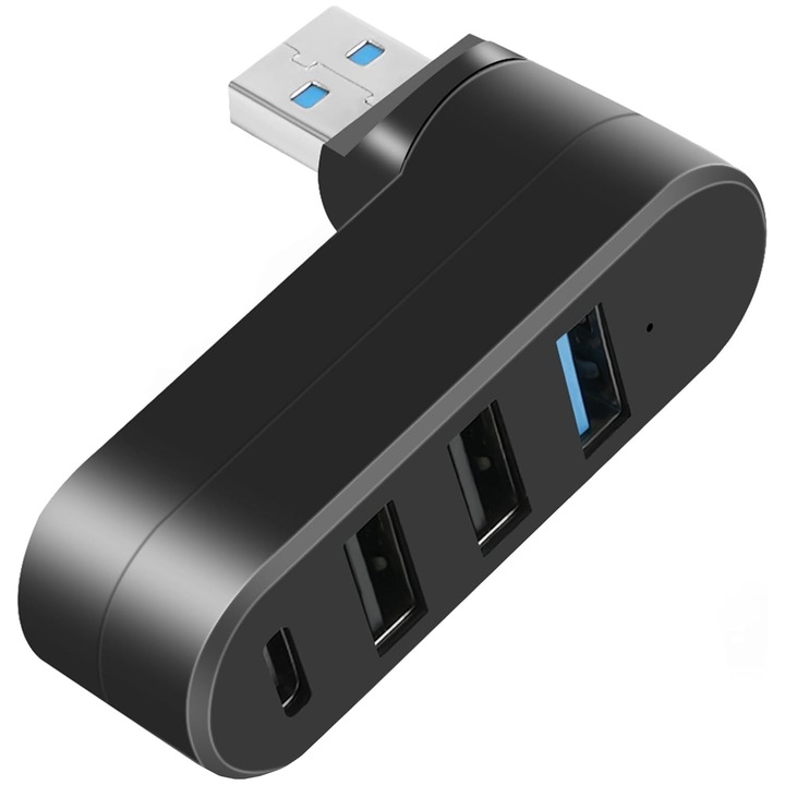 Външен USB хъб, SINBINTA, сплитер, въртящ се на 180 градуса щепсел, USB 3.0, 2.0 и тип c, 5gbps скорост на трансфер, с LED индикатор, Plug and play, преносим, съвместим с лаптоп, macbook, компютър, ABS, 61x20x42 mm, черен