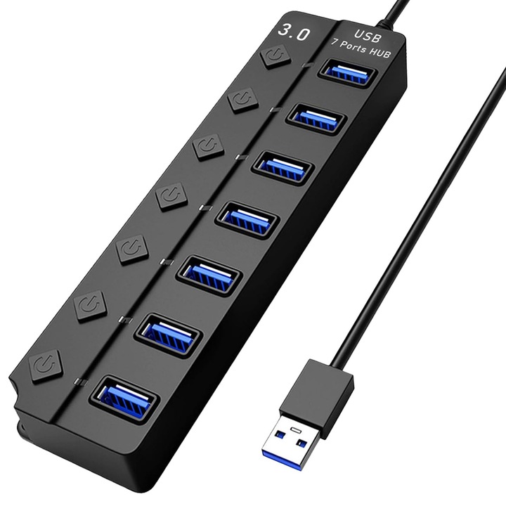 7-портов USB ХЪБ, SINBINTA, сплитер с независим превключвател и LED индикатор, DC 5V интерфейс за захранване в режим на готовност, 5 gbps скорост на трансфер, Plug and play, преносим, ABS/мед, 17.1x4.1x2cm, 2m кабел, черен