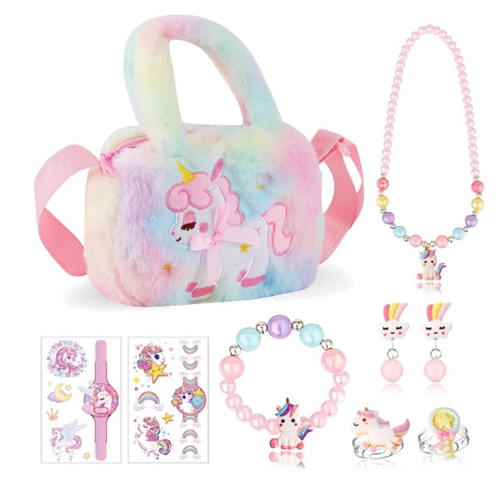 Set 9 Bijuterii Pentru Fete si Geanta Cu Unicorn, Axroad Mall, Coliere, Bratari, Cercei, 2 inele, Autocolant, Design inedit, Cu culoare vibranta si design unic, 3-14 ani, Craciun, Halloween, Ziua de nastere, 18*16*3cm, Roz