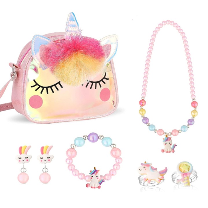 Set 7 Bijuterii Pentru Fete si Geanta cu Unicorn, Axroad Mall, Coliere, Bratari, Cercei, 2 inele, Design inedit, Cu culoare vibranta si design unic, 3-14 ani, Craciun, Halloween, Ziua de nastere, TPU, 20*20*2.5cm, Roz
