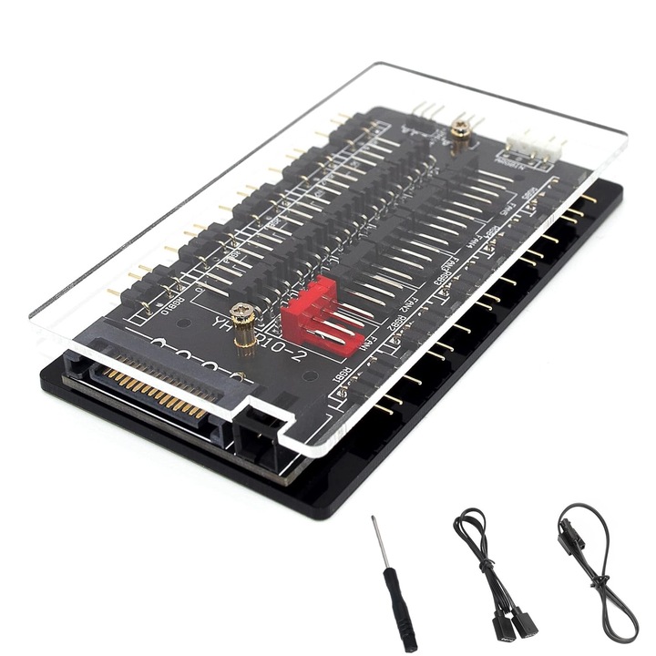 ARGB контролер хъб, SINBINTA, PWM вентилаторен хъб за разширен интерфейс за дънна платка, 5-12V, 3pin/4pin, захранван от SATA, магнитна задна платка, 20 порта, поддържа до 10 вентилатора, акрил, 9.5x5.5x1.5cm, 50cm кабел, черен