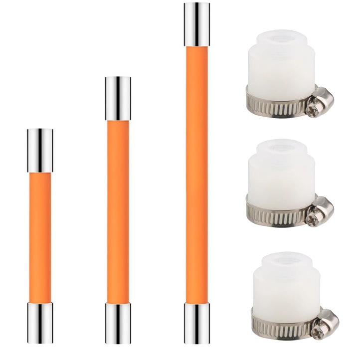 Гъвкав удължител за кран, Axroad Mall, Комплект от 3 броя гъвкав удължител за кран с 3 универсални шарнира, ротация на 360° Универсален удължител за кран, Неръждаема стомана, 20/30/50 см, Оранжев