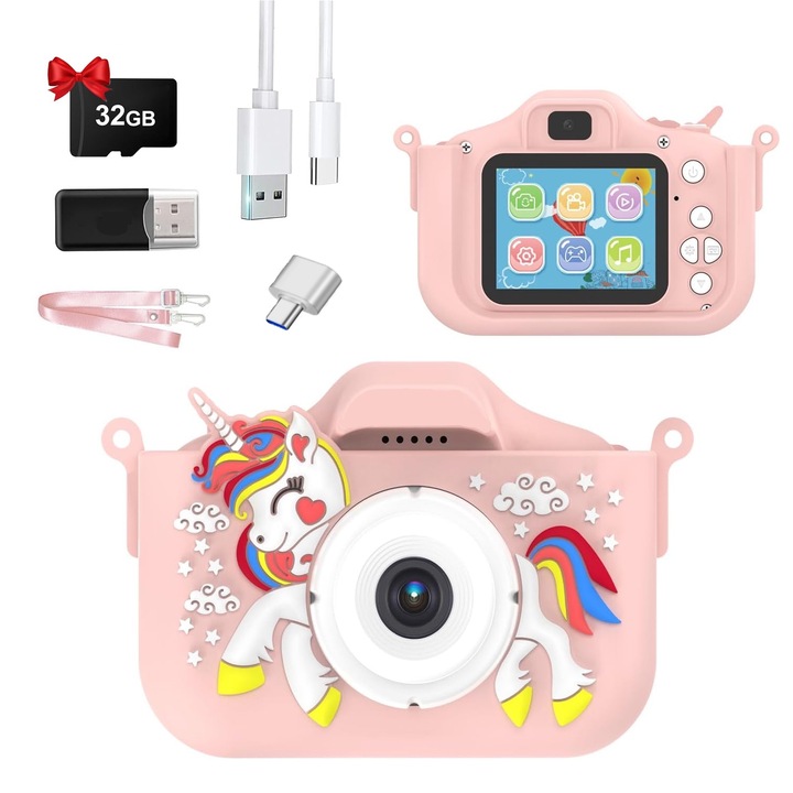 Camera Foto Copii, SINBINTA, Aparat Foto Digital pentru Copii, 40 milioane pixeli, HD 1080P, 32GB SD card, Cu cititor de carduri si un snur, Functie foto/video, 5 jocuri, 400 mAh, 2.0 inch, Portabila, ABS, 103X64X35mm, Roz