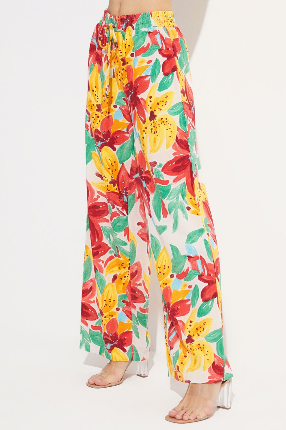 June, Pantaloni din amestec de in cu croiala ampla si model floral