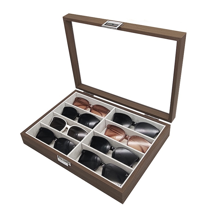 Cutie de depozitare pentru ochelari din lemn, YISYNIM, 8 compartimente, 34.8x25.7x7.5cm, maro