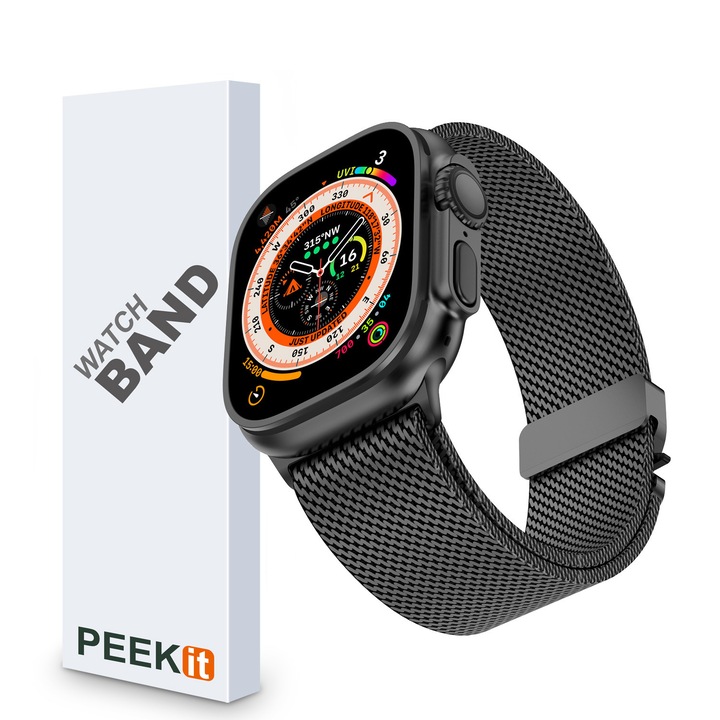 Curea tip Milanese din titan compatibila cu Apple Watch Ultra 2/1 49mm, Seria 10/9/8/7/6/SE/5/4/3/2/1 46mm/45mm/44mm/42mm, catarama magnetica reglabila – Negru