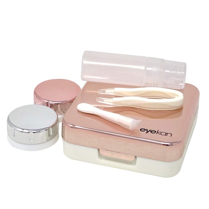 Cutie lentile de contact, Eyekan, cu oglinda, sticla solutie, penseta, 6.3x6.2x2.2cm, roz auriu