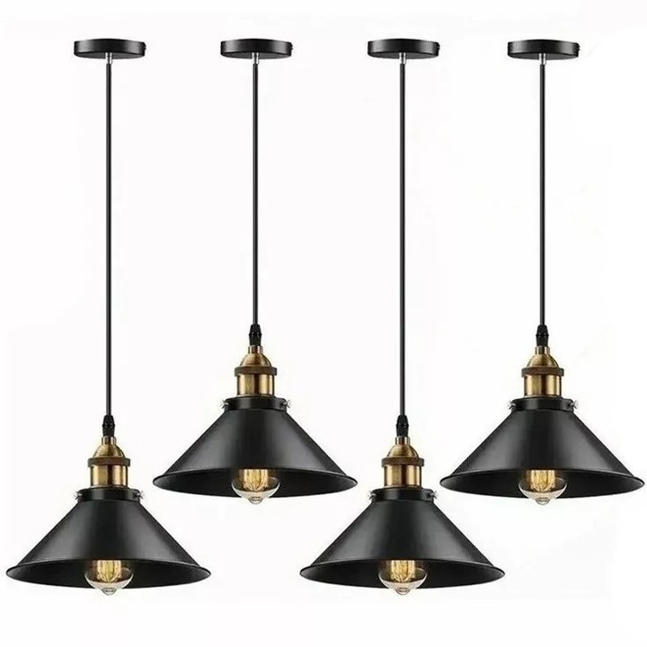 Комплект полилей от четири части, индустриален стил, диаметър 22 см, E26, регулируема височина, черен