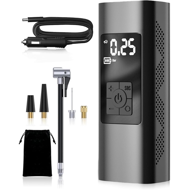 Pompa de umflat electrica, afisaj digital LCD, lanterna LED, 150 PSI, incarcare bricheta auto, portabil, manometru digital, Vaxiuja, negru