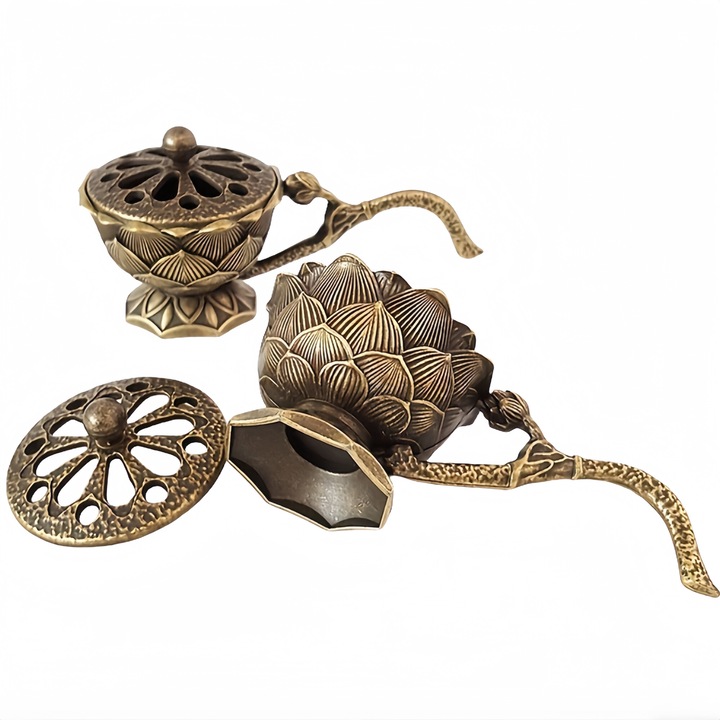 Set 2 suporturi pentru tamaie din aliaj de zinc, design lotus, bronz, 9.7x4.5x3.5cm