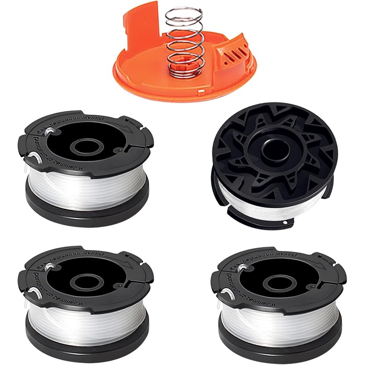 Комплект от 4 резервни шпули за тример Black Decker, найлон / полиамид, 9,15 м, 1,65 мм, включени капачка и пружина