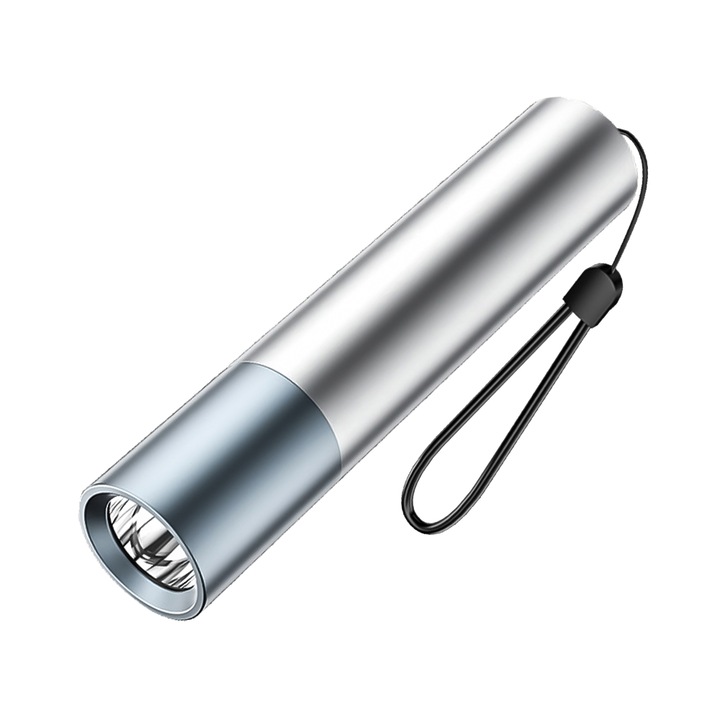 Lanterna LED mini, 3 moduri de iluminare, zoom telescopic, 12.5x2.7x2.7cm, rezistenta la apa, poate fi folosita ca power bank, utilizare in aer liber, 1200 mAh, argintie