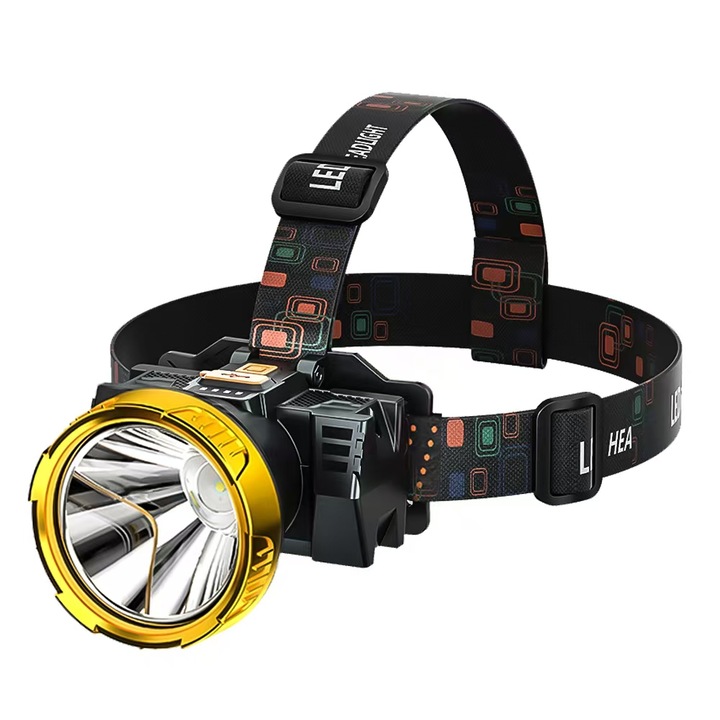 Lanterna cap LED, 3 moduri, impermeabila, acumulator 3000 mAh, 118g, cu functie de Power Bank, pentru camping si drumetii, galben