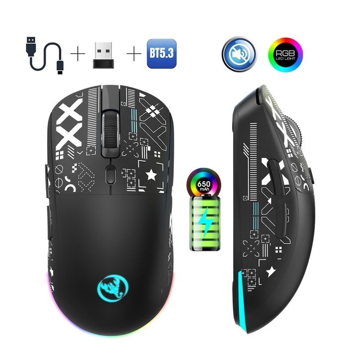 Fbirddek® T90 Геймърска мишка, Безжична/Bluetooth/Кабелна 3 режима на свързване, Безшумна, 6 бутона, RGB Led, 650mAh, USB-C, Ергономична, Регулируема 3600 DPI, 1,8 м кабелен кабел, Универсална, Черна