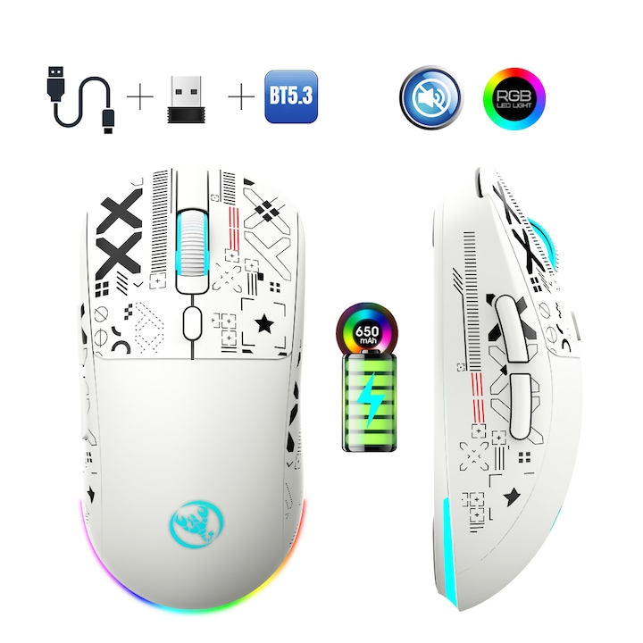 Fbirddek® T90 Геймърска мишка, Безжична/Bluetooth/Кабелна 3 режима на свързване, Безшумна, 6 бутона, RGB Led, 650mAh, USB-C, Ергономична, Регулируеми 3600 DPI, 1,8 m кабелен кабел, Универсална, Бяла