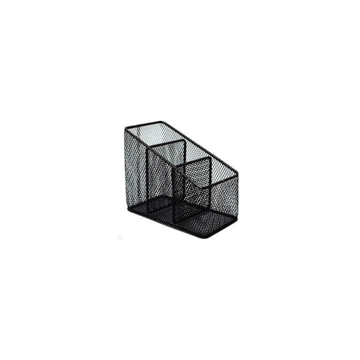 Fémhálós tartó ferde asztali tartozékokhoz, Netuno, 3 rekeszes, 8 cm x 12 cm x 6 cm, fekete