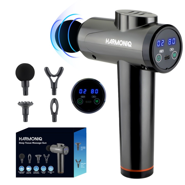 Професионален масажен пистолет HARMONIQ, 99 скорости, 4 глави, 3300 перкусии/минута, Безшумен и мощен мотор, Охладителна система, 2500 mAh, Чанта, Ергономичен дизайн, Амплитуда 12 mm, Сензорен екран, Сив