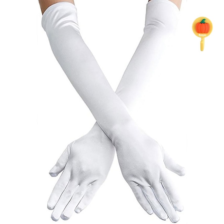 Manusi lungi din satin, Ronyes, catifea, alb, 55 cm