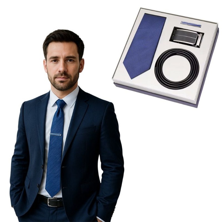 Set cadou pentru barbat Modern Man – cravata albastru inchis, curea reglabila, ac de cravata – accesorii elegante in cutie cadou cu punga – ideal pentru Craciun, aniversare, Ziua Tatalui, sot, tata, partener