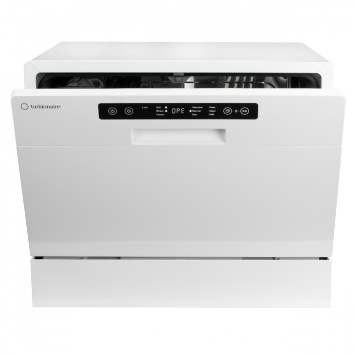 Съдомиялна Turbionaire AVA 6 TPDSAVA6CT, Компактна, 6 комплекта, 6 програми, Клас D, Еко режим, Отложен старт, Индикатор за зареждане със сол, Индикатор за зареждане на почистващ препарат, Омекотител за вода, 55 см, Бял