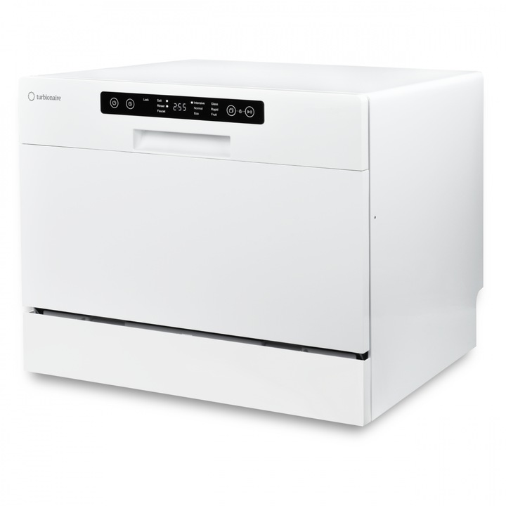 Съдомиялна Turbionaire AVA 6 TPDSAVA6CT, Компактна, 6 комплекта, 6 програми, Клас D, Еко режим, Отложен старт, Индикатор за зареждане със сол, Индикатор за зареждане на почистващ препарат, Омекотител за вода, 55 см, Бял