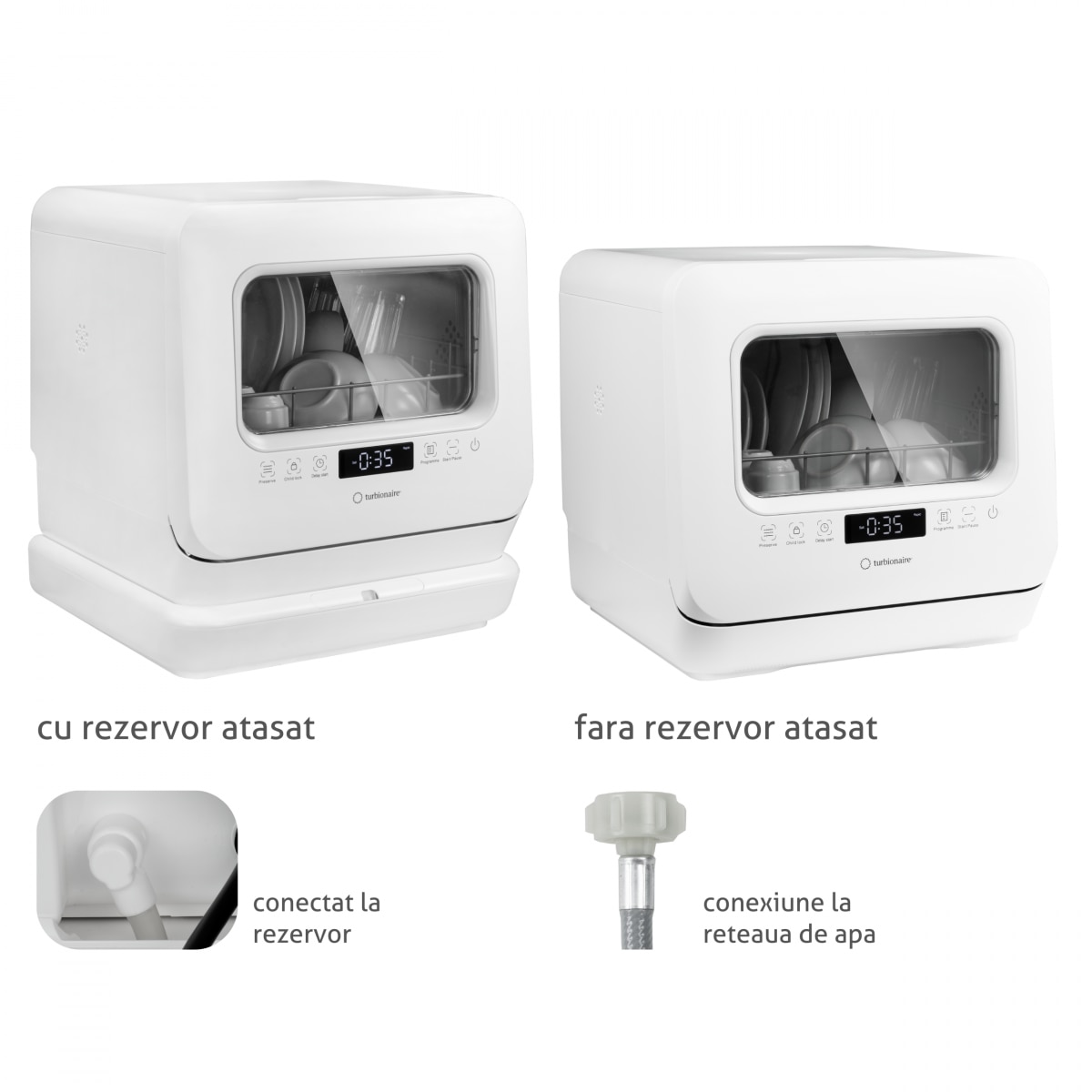 Masina de spalat vase compacta Turbionaire AVA 3 TPDSAVA3CTD, Rezervor apa 7 l detasabil, 6 programe, Indicator sare, Dedurizator apa, Pornire intarziata, Pompa evacuare apa, Dubla posibilitate alimentare apa, 45 cm, Alb