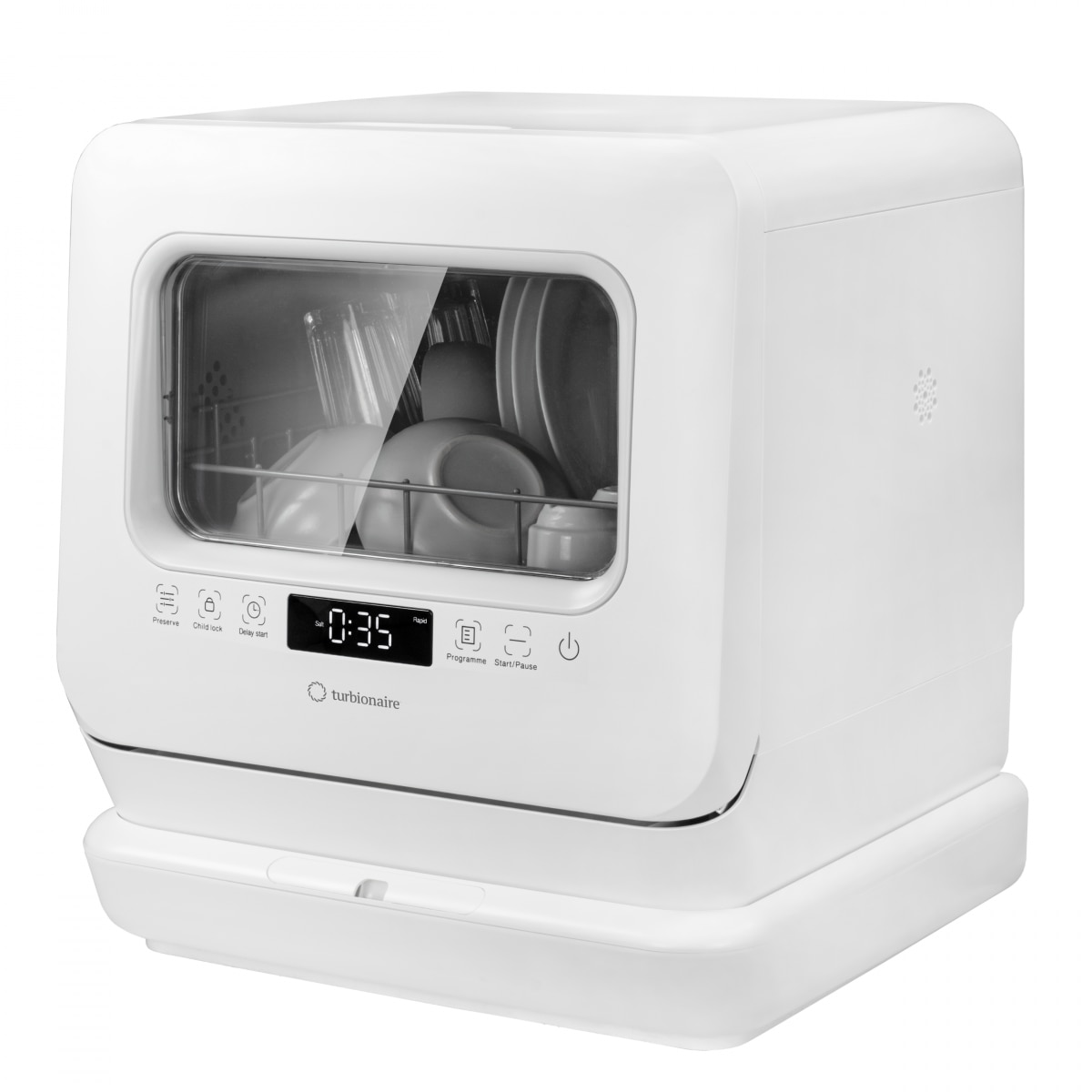 Masina de spalat vase compacta Turbionaire AVA 3 TPDSAVA3CTD, Rezervor apa 7 l detasabil, 6 programe, Indicator sare, Dedurizator apa, Pornire intarziata, Pompa evacuare apa, Dubla posibilitate alimentare apa, 45 cm, Alb