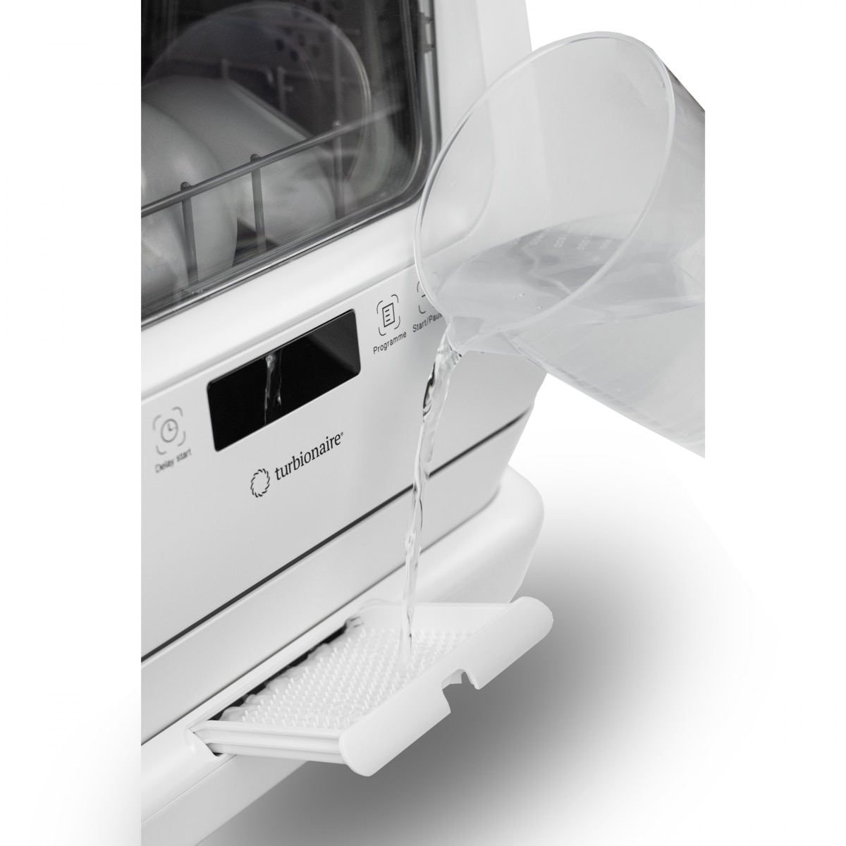 Masina de spalat vase compacta Turbionaire AVA 3 TPDSAVA3CTD, Rezervor apa 7 l detasabil, 6 programe, Indicator sare, Dedurizator apa, Pornire intarziata, Pompa evacuare apa, Dubla posibilitate alimentare apa, 45 cm, Alb