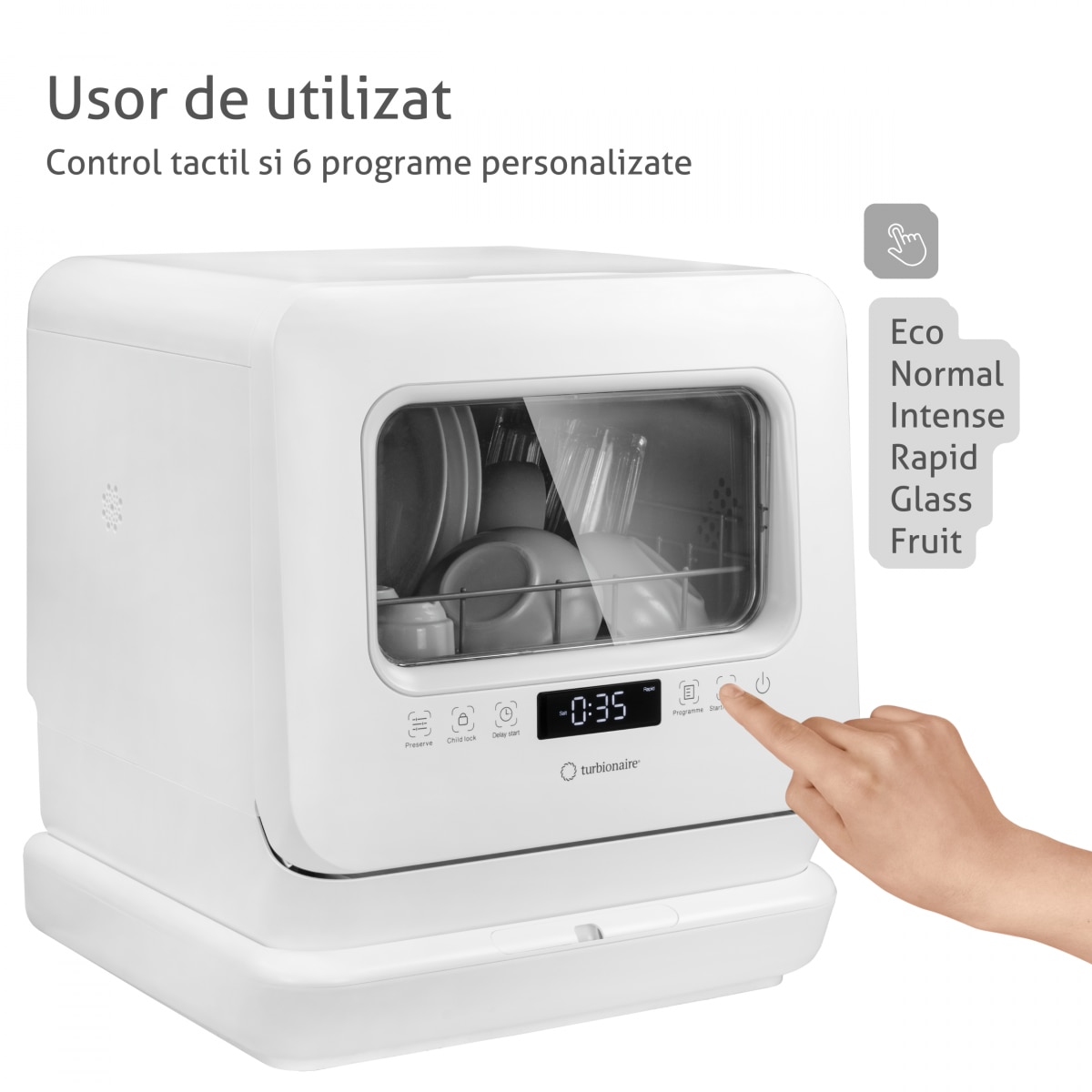 Masina de spalat vase compacta Turbionaire AVA 3 TPDSAVA3CTD, Rezervor apa 7 l detasabil, 6 programe, Indicator sare, Dedurizator apa, Pornire intarziata, Pompa evacuare apa, Dubla posibilitate alimentare apa, 45 cm, Alb