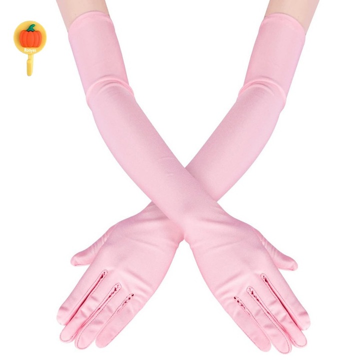 Manusi lungi din satin, Ronyes, catifea, roz, 55 cm