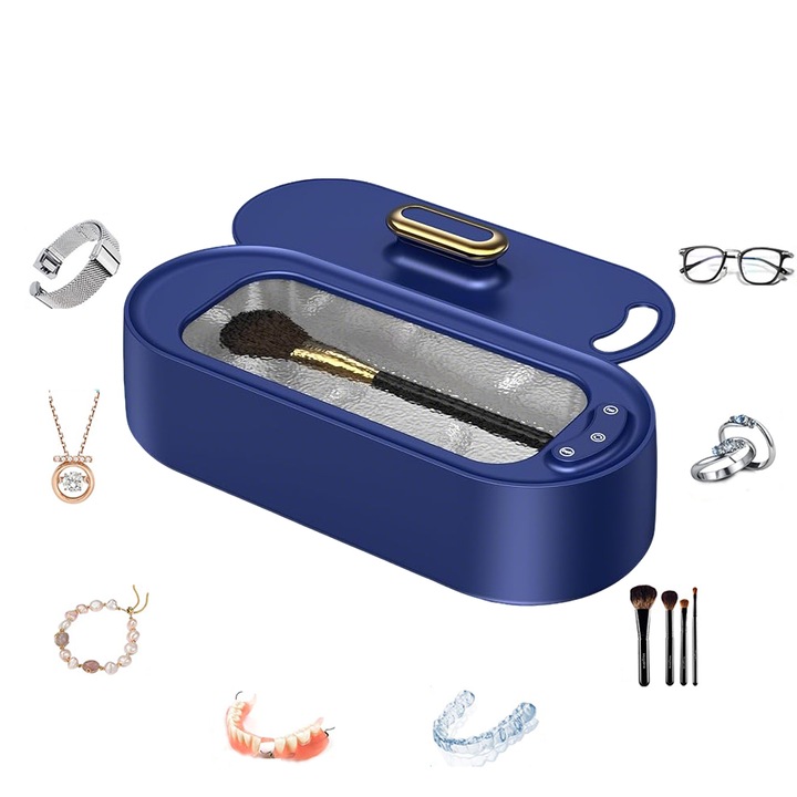 Aparat pentru Curatare cu Ultrasunete, Fudisenn®, 15W, 400ml, Aplicatii multiple: Poate Curata Bijuterii, Sticla, Proteze, Ochelari, Ceasuri, Monede, Instrument de laborator, Accesorii de Manichiura/Pedichiura, Biberoane si Suzete, Albastru
