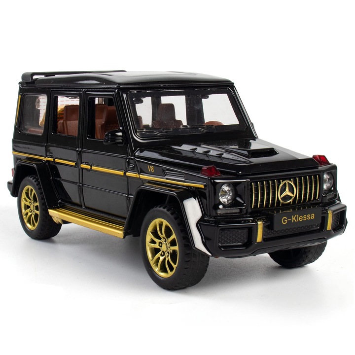 Кола, лята под налягане, модел от сплав Mercedes Benz G63 AMG, със светлини и звуци, вратите могат да се отварят и задните колела могат да се въртят назад, 1:32, Vaxiuja, черен
