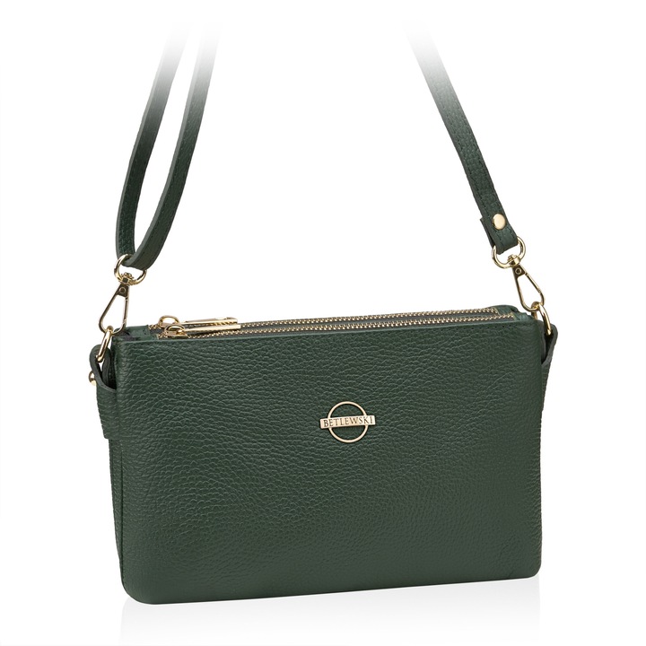 Geanta mica, tip postas, Betlewski, Esme, piele naturala, 27 x 16 x 8, curea detasabila si reglabila, Verde, 27 x 16 x 8 cm