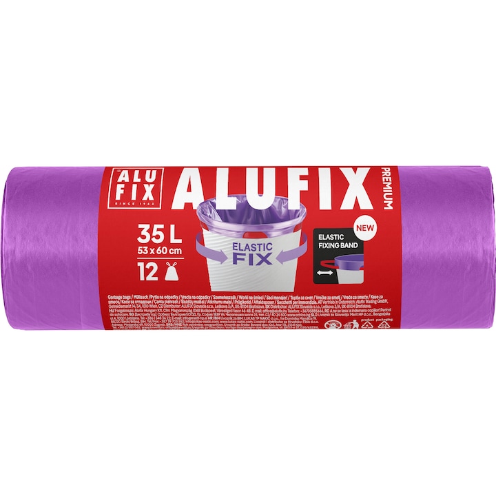 Saci menaj cu banda ELASTIC FIX 35L/15buc, LDPE 53x60cm, mov, Alufix