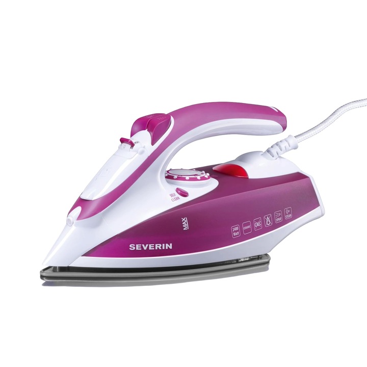 Fier de calcat Severin, calcare pe orizontala si verticala, ideal pentru toate tipurile de material, rezervor 200 ml, talpa din ceramica, jet de aburi puternic, filtru anticalcar, autocuratare, functie anti-picurare, control temperatura, roz