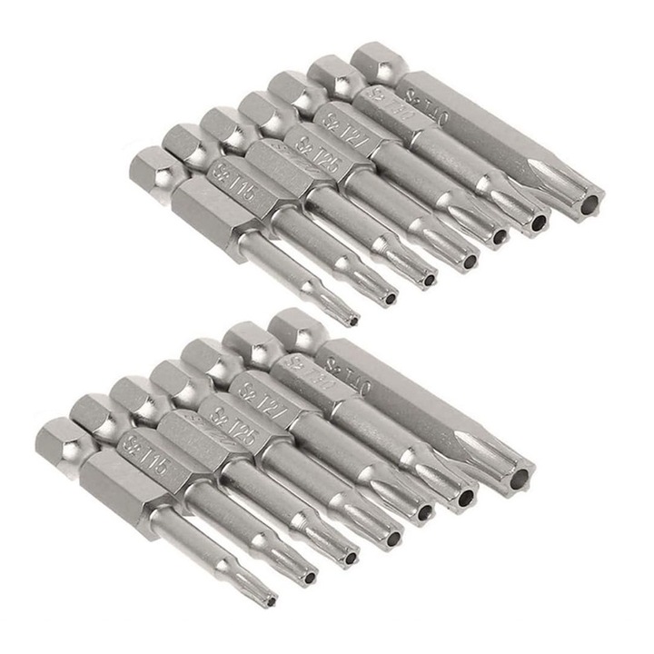 Set 2 bucati biti surubelnita Torx Star 5 puncte, 14 piese, Yakumuz, din otel S2, lungime 50mm, magnetici