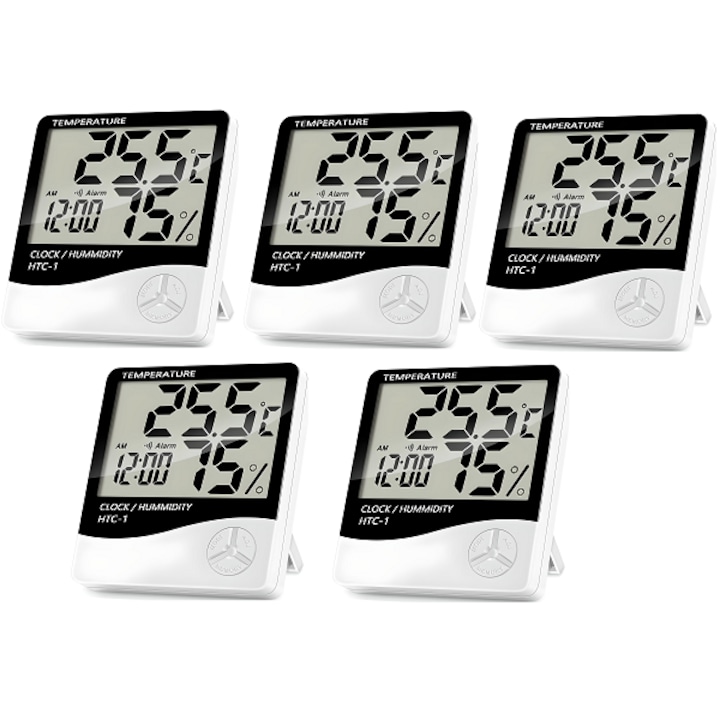 Set 5 bucati Termometru si Higrometru, HTC-1, ceas cu alarma si calendar, ecran LCD, 1 x baterie AAA, alb cu negru ALPEN