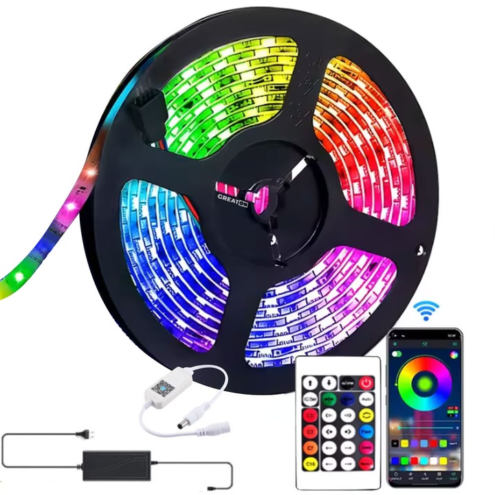 Banda LED Smart GREATON Pentru Interior, Flexibila, Adeziva, Control Din Aplicatie Telefon Sau Telecomanda, LED 5050 RGB, Conexiune Bluetooth, Functie De Oprire Automata, Reglare Nivel Luminozitate, 5 metri, IP20