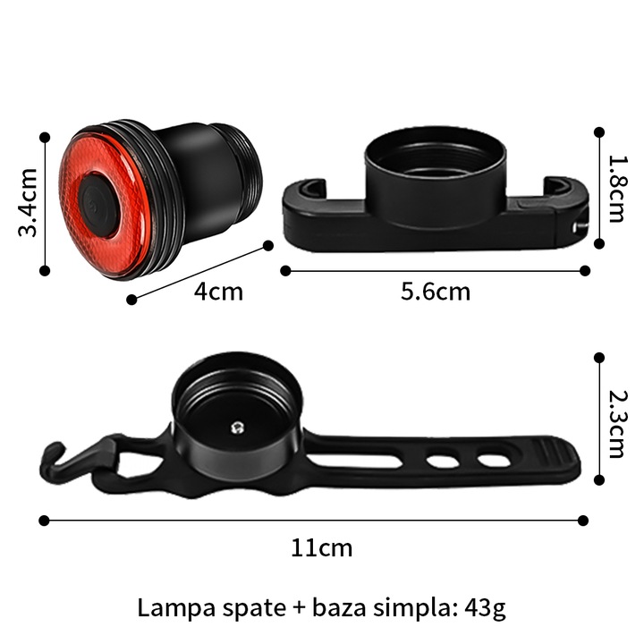 Фар за велосипед, червен, 3,4х4 см, 5 режима на светене, сензор за спирачка, водоустойчив