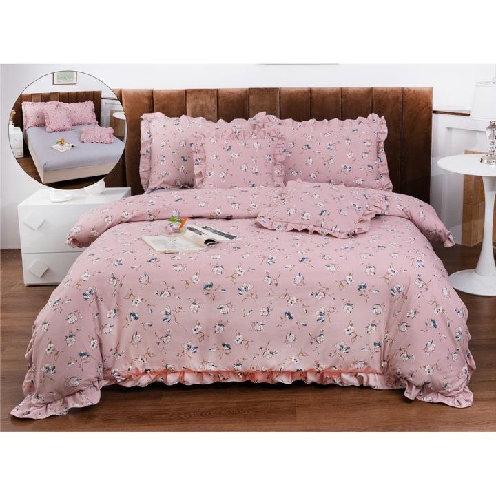 Set Lenjerie CHIRASO, Bumbac Fin, cu volanase, pentru 2 persoane, 6 piese, Cearceaf de pat cu elastic 180x200 cm, Cearceaf pilota 200x230 cm, 2 fete de perna 50x75cm, 2 fete de perna 60x60cm, cu imprimeu floricele, roz deschis-gri deschis